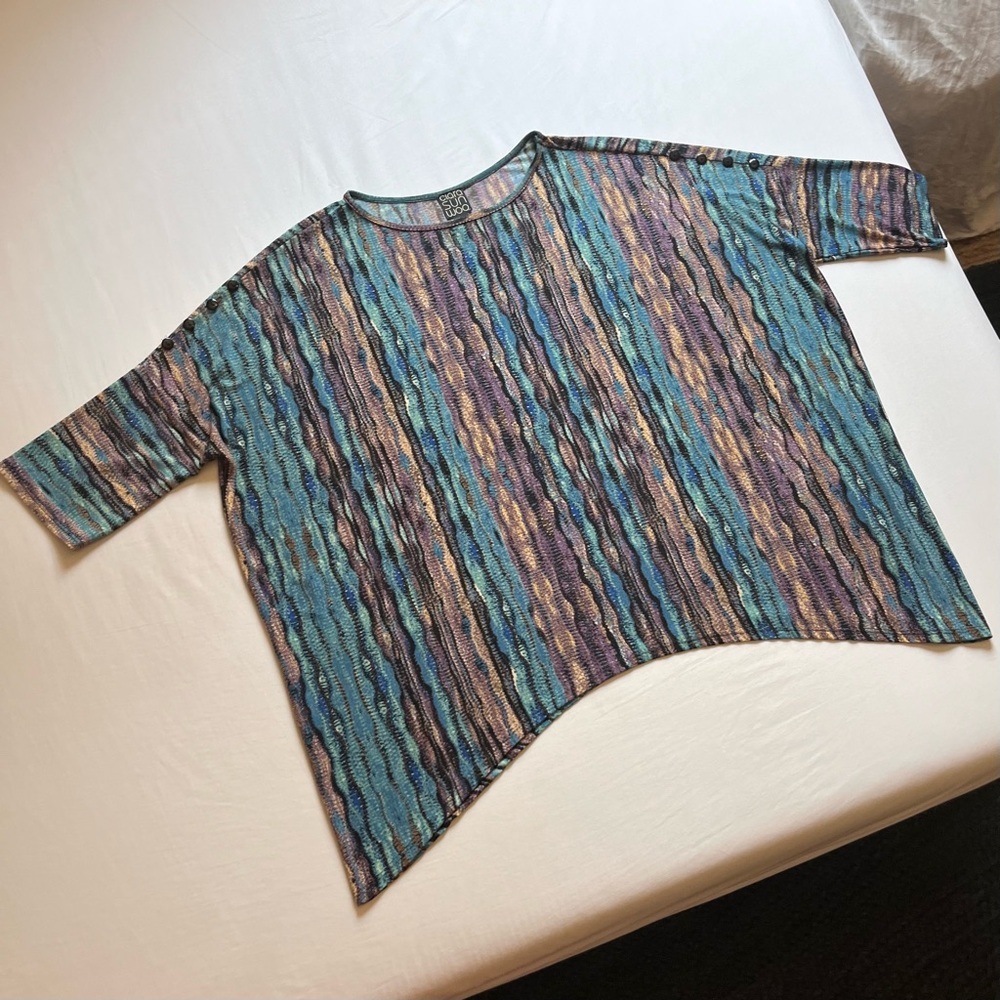 CLARA SUN WOO blue purple striped boxy short sleeve shark bite draped shirt